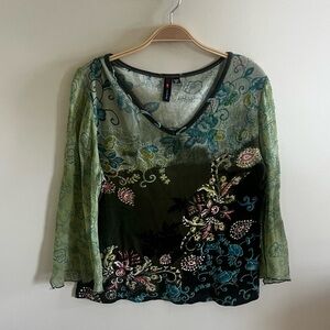 Y2K Multi Colored Floral Paisley Green Blue Fairy Sleeve Blouse Large Tease Boho